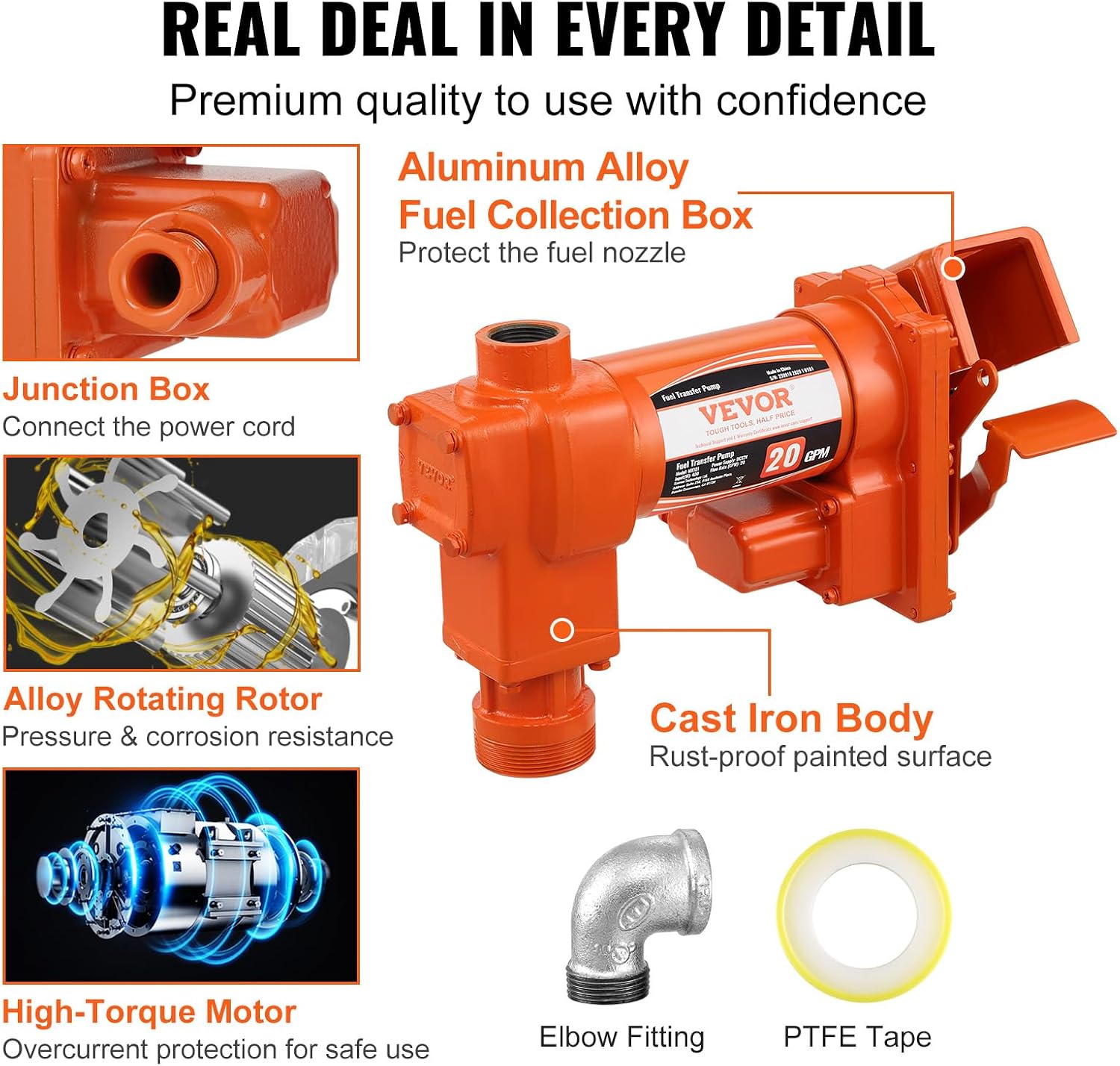 VEVOR Fuel Transfer Pump, 12V DC 20 GPM 1/4 HP, High Flow Cast Iron Gasoline Extractor Pump with Fuel Collection Box Design for Gasoline, Diesel, Kerosene, Ethanol & Methanol Blends, and Biodiesel