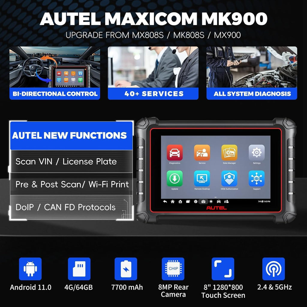 Autel Scanner MaxiCOM MK900, OE All-System OBD2 Scanner & Bidirectional Tool, 8in Up of MK808S MK808BT MX808S MK808Z, 3000+ Active Tests, 40+ Service, CAN-FD&DOIP, Smart Auto VI-N, FCA Auto Auth 11OS