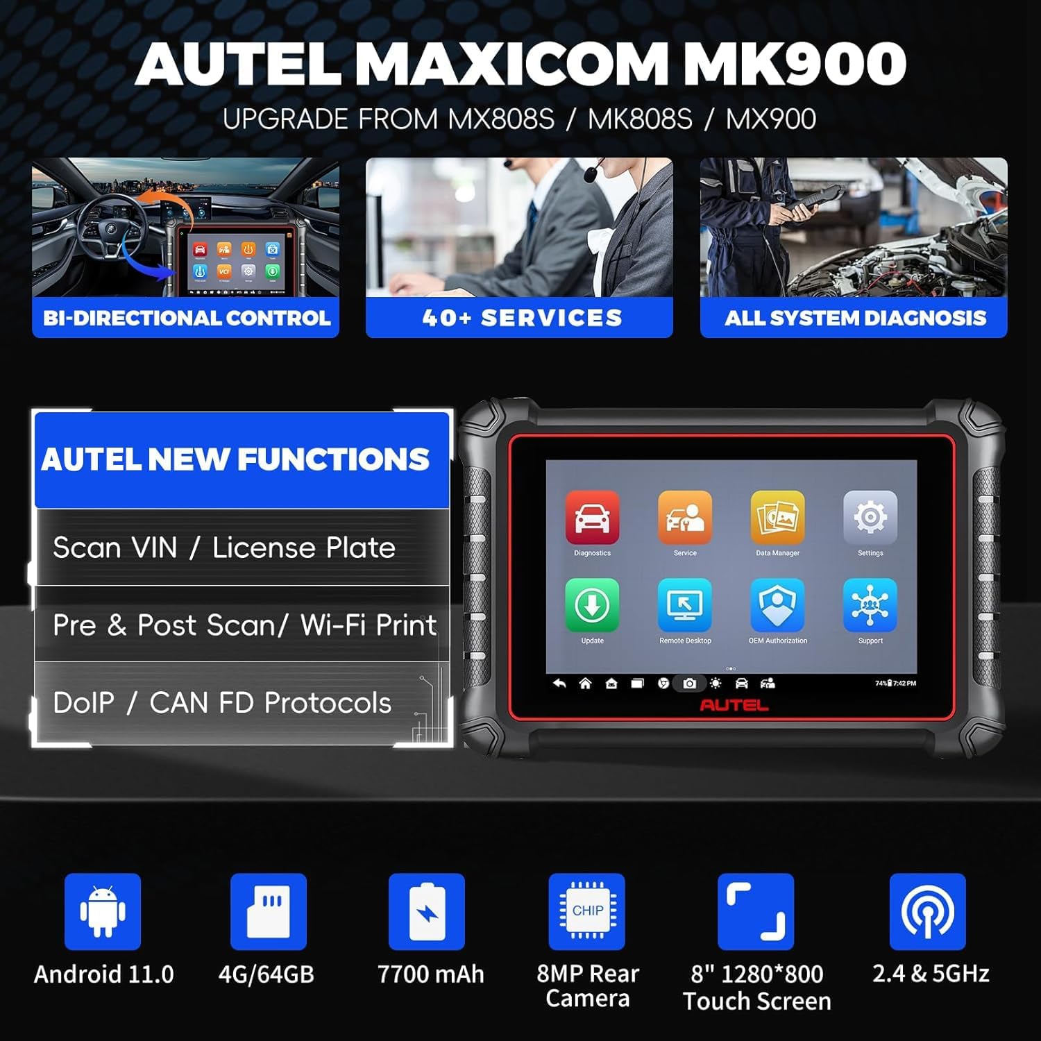 Autel Scanner MaxiCOM MK900, OE All-System OBD2 Scanner & Bidirectional Tool, 8in Up of MK808S MK808BT MX808S MK808Z, 3000+ Active Tests, 40+ Service, CAN-FD&DOIP, Smart Auto VI-N, FCA Auto Auth 11OS