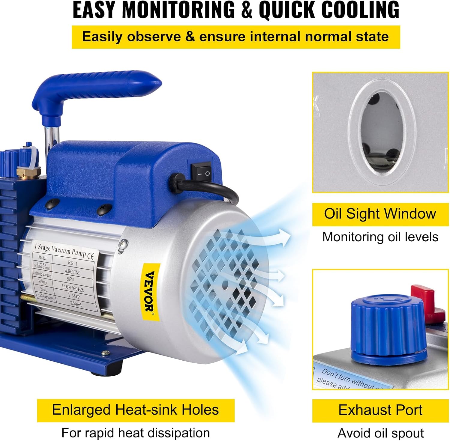 VEVOR Vacuum Pump 4.8CFM 1/4 HP Single Stage HVAC A/C Refrigeration Kit 5PA Ultimate Vacuum Manifold Gauge Set R12 R404A R410A R134A R22 HVAC AC, Manifold Gauge and Hose for Air Conditioning Systems