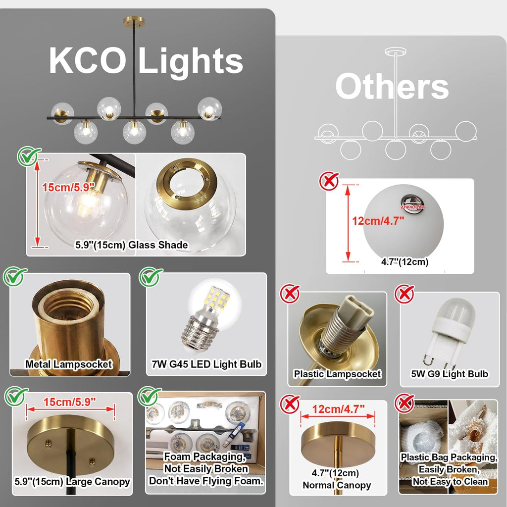 KCO Lighting Black and Brass Chandelier Light Fixture 7 Light Clear Glass Bubble Chandelier Modern Large Globe Sputnik Chandeliers Farmhouse Gold Linear Kitchen Pendant Lighting
