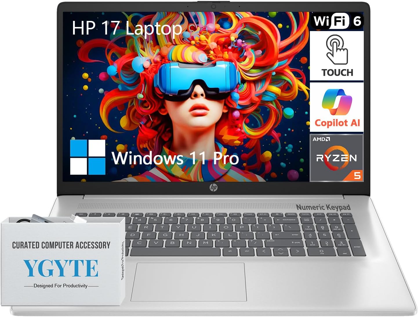 HP 17.3' Touchscreen Laptop PC Computer, 17 Inch HD+ Touch Screen Business Laptop Notebook, Windows 11 Pro, AMD Ryzen 5 (6-Cores), 32GB RAM 2TB SSD, 10-Key Number Pad, Copilot Key
