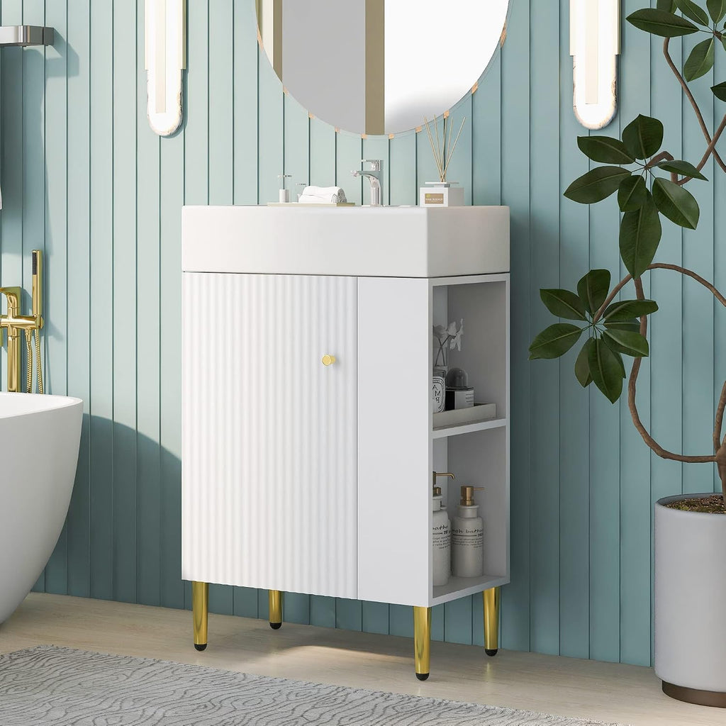 21.6-Inch Bathroom Vanity with Sink, Free Standing Vanity Cabinet with Storage Cabinet & Right Two-Tier Shelf, Wood Bath Organizer with Ceramic Sink for Bathroom, White