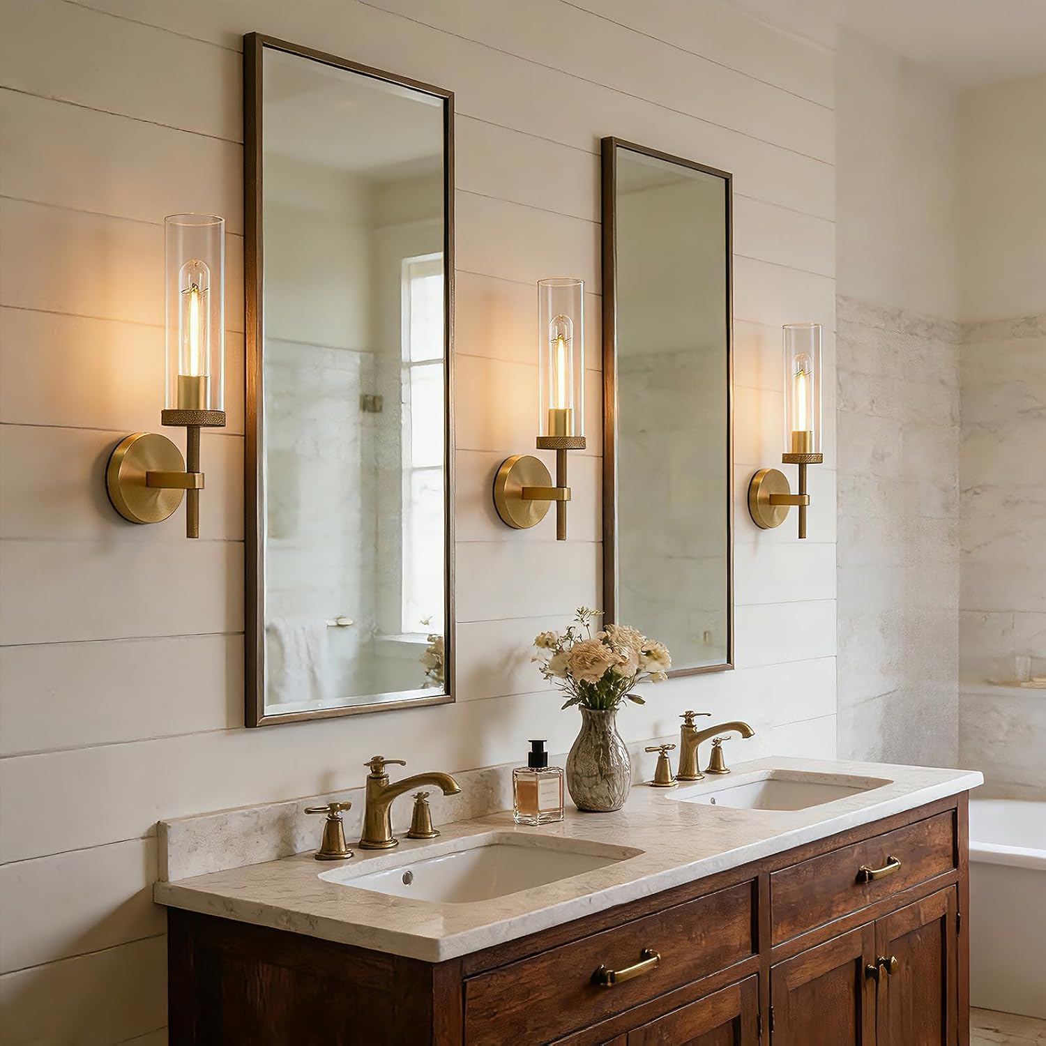 Knurled Wall Sconces Set of Two, Brass Wall Sconce Lights, 14' Gold Bathroom Wall Sconces, Glass Linear Sconce Wall Lighting, Vanity Lights Bathroom Light Fixture Wall Lights for Living Room