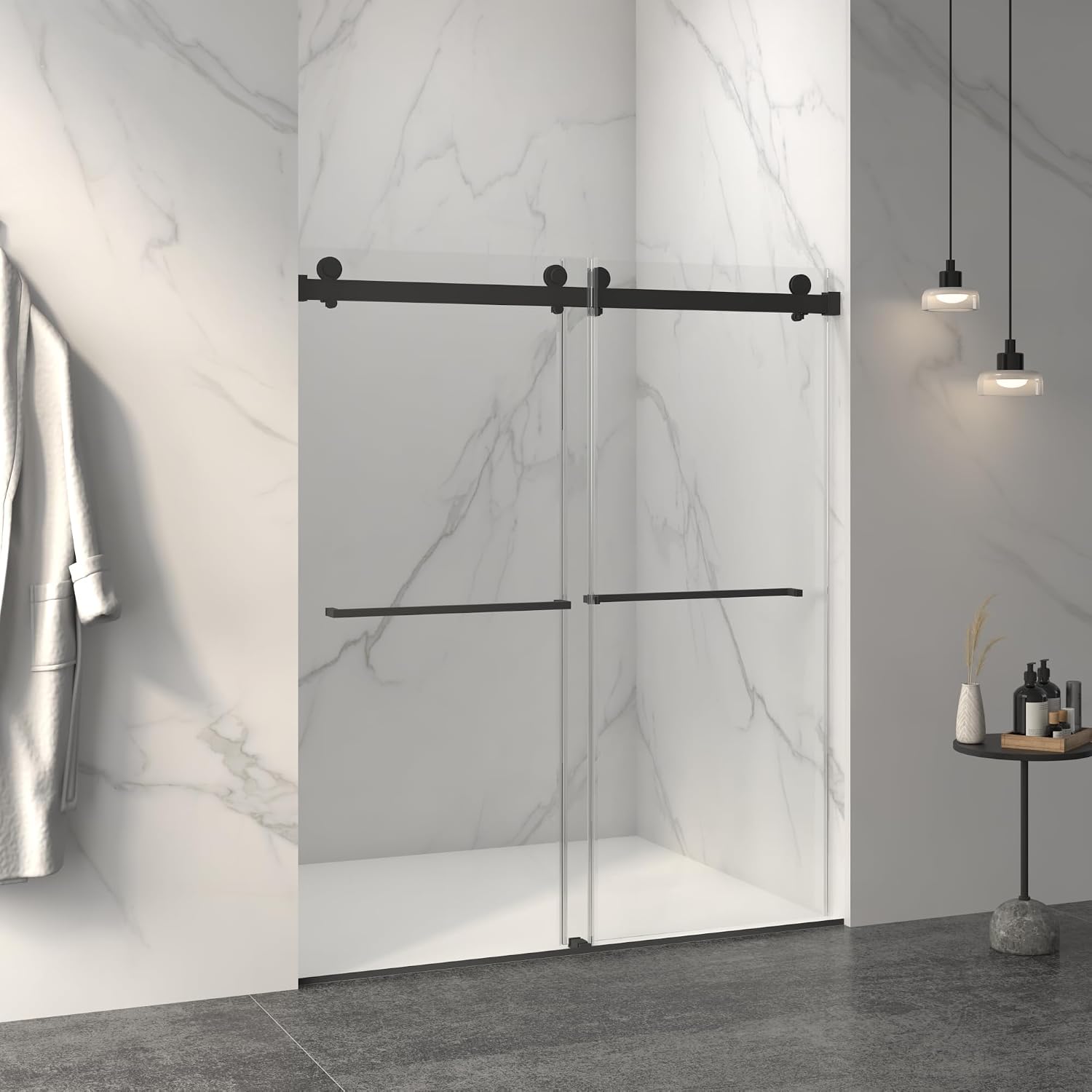 KEIKI 56-60' W x 70' H Frameless Double Sliding Shower Door, 5/16' (8mm) Thick SGCC Tempered Clear Glass, Double Side Easy Clean Coat, Matte Black Finished with Buffer