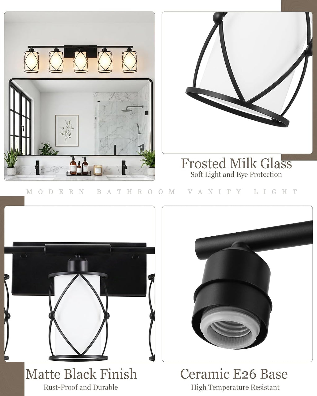 5-Light Matte Black Bathroom Light Fixtures Over Mirror, 38' UL-Listed Modern Farmhouse Wall Sconce Lights with Milk White Frosted Glass and Metal Cage for Bath, E26, CH9176BKW-5W