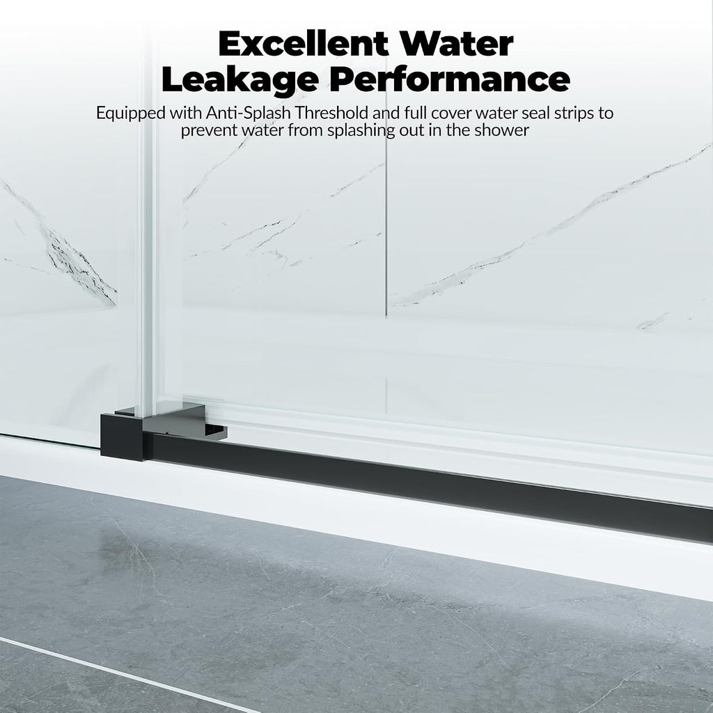 Frameless Sliding Glass Shower Door 44–48 Inch W x 76 Inch H, Shower Sliding Glass Door with Fixed Panel, 8mm Tempered Glass, Square Rail, Matte Black Shower Glass Door