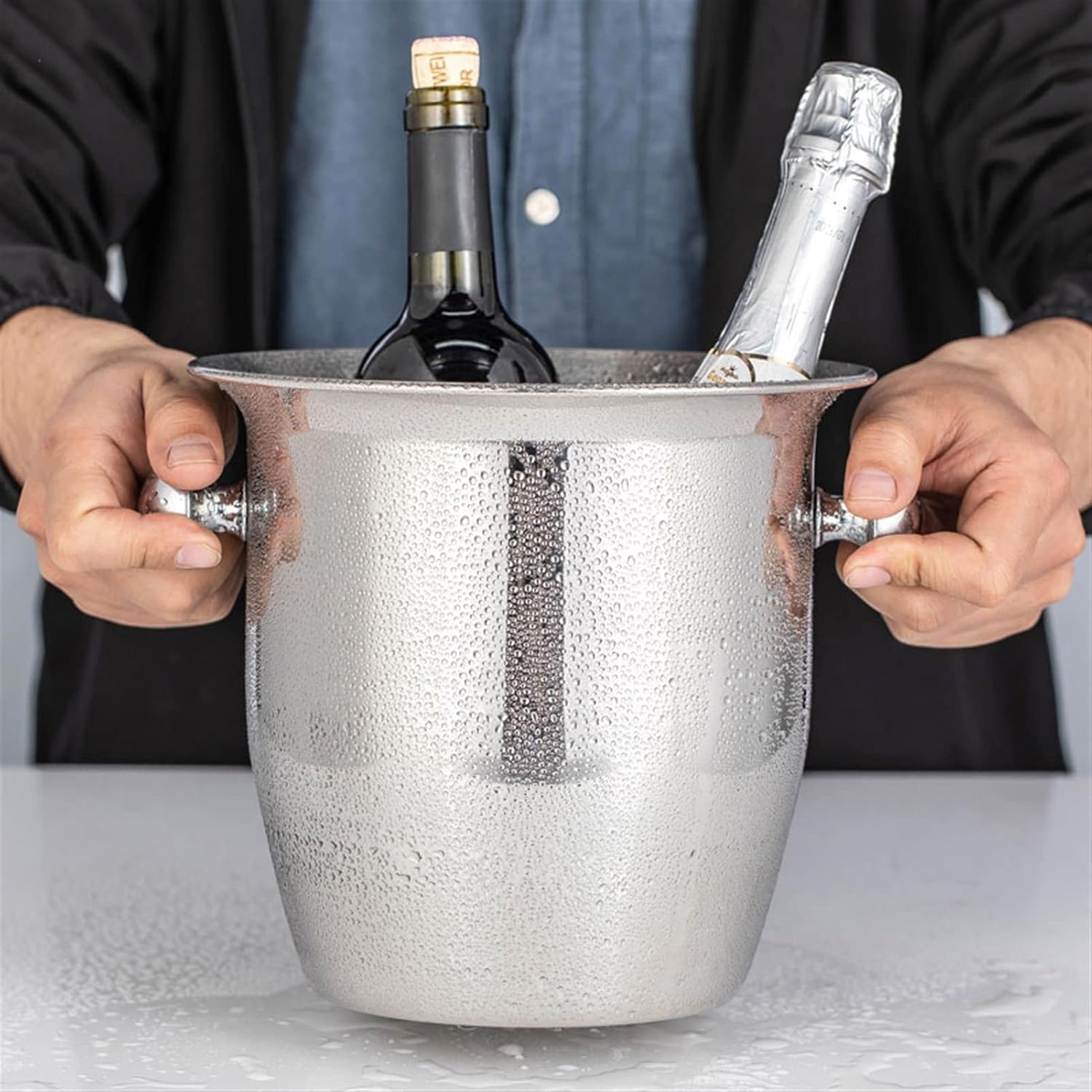 Ice Buckets Stainless Steel Ice Bucket Bar KTV Service Wine Barrel Hammered Binaural Red Wine Ice Wine Barrel Perfect for Wine Champagne Ice Bucket Kits (Color : B)