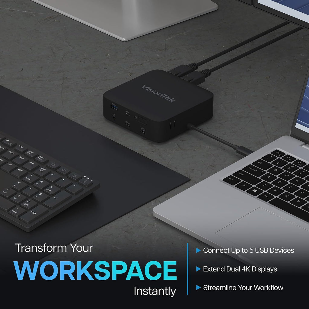 VisionTek VT1200DL USB-C Docking Station Dual 4K – 2X HDMI, 2X DisplayPort, 100W Power Passthrough, Universal Laptop Dock for Windows, MacBook, Chromebook