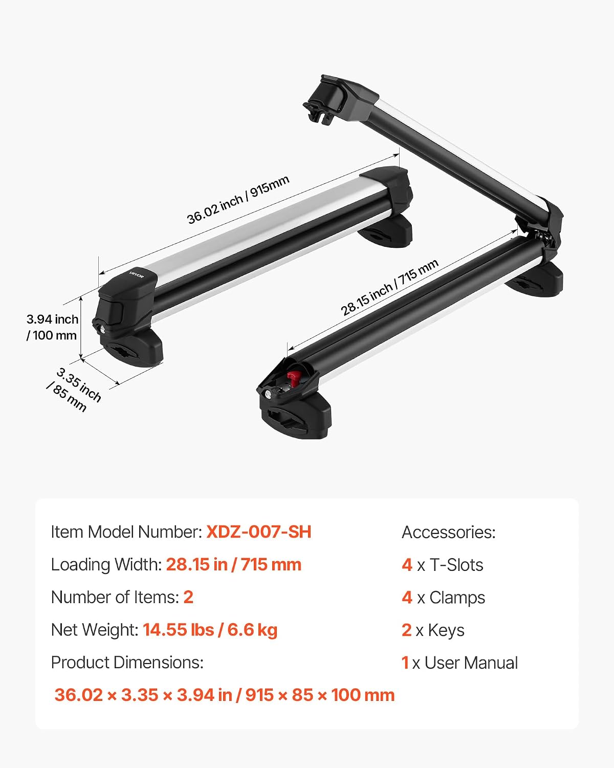 VEVOR Ski & Snowboard Roof Rack, Carry up to 6 Pairs of Skis or 4 Snowboards, 2 PCS Aluminum Universal Car Roof Rack Top Holder with Lock and Rubber Padding for Fishing Pole Rod, Fit Most Crossbars