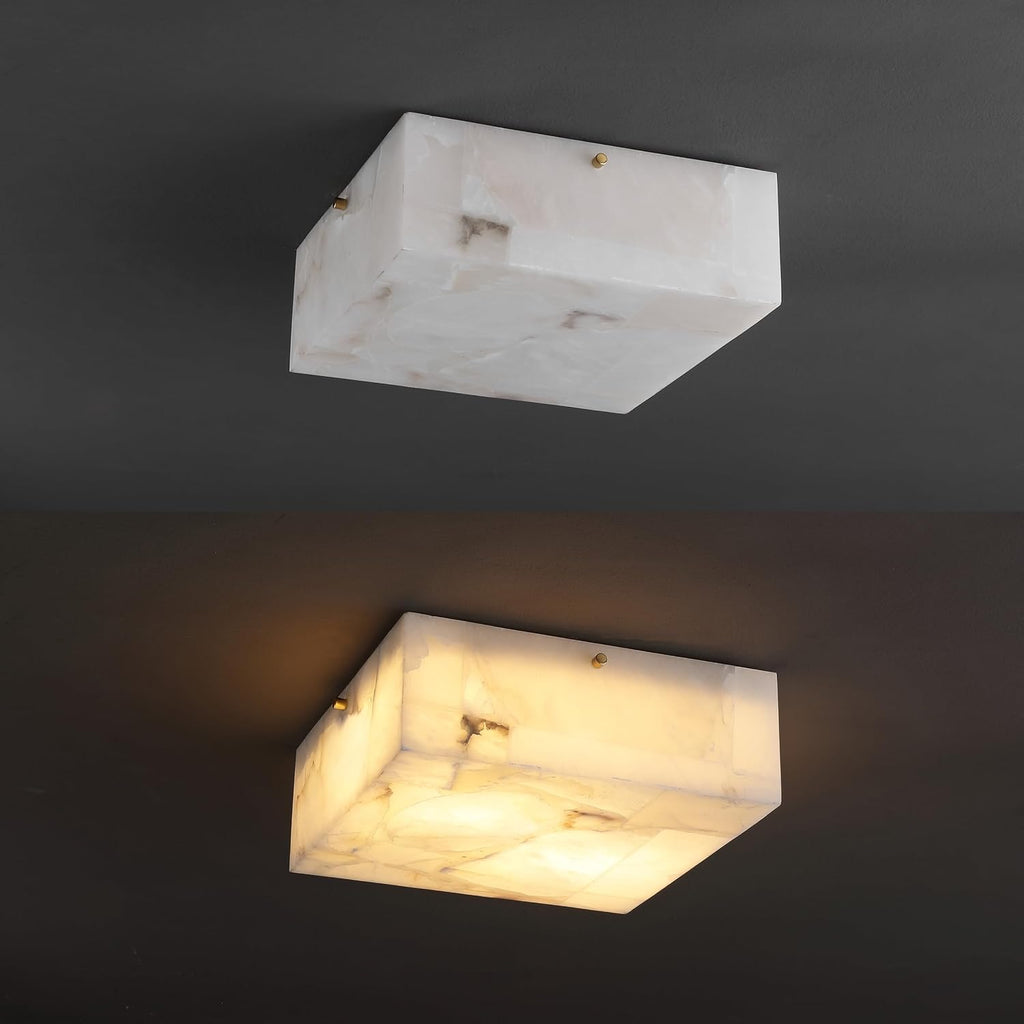JONATHAN Y 13' Brass Gold Square LED Flush Mount Ceiling Light, Modern Decor, White Marble Alabaster Shade, 2-Light Fixture for Bedroom, Hallway, Bathroom, Glam Lighting JYL1201A