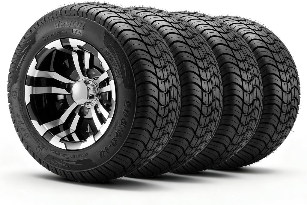 VEVOR Golf Cart Wheels, 10' 205/50-10 Black Aluminum Alloy Golf Cart Tires and Wheels Combo (Set of 4) Fit Club Car, EZGO, Yamaha, 4 Ply Rubber 4-Lug Lawn Mower Tires & Rims, 675 lbs Load, All-Terrain