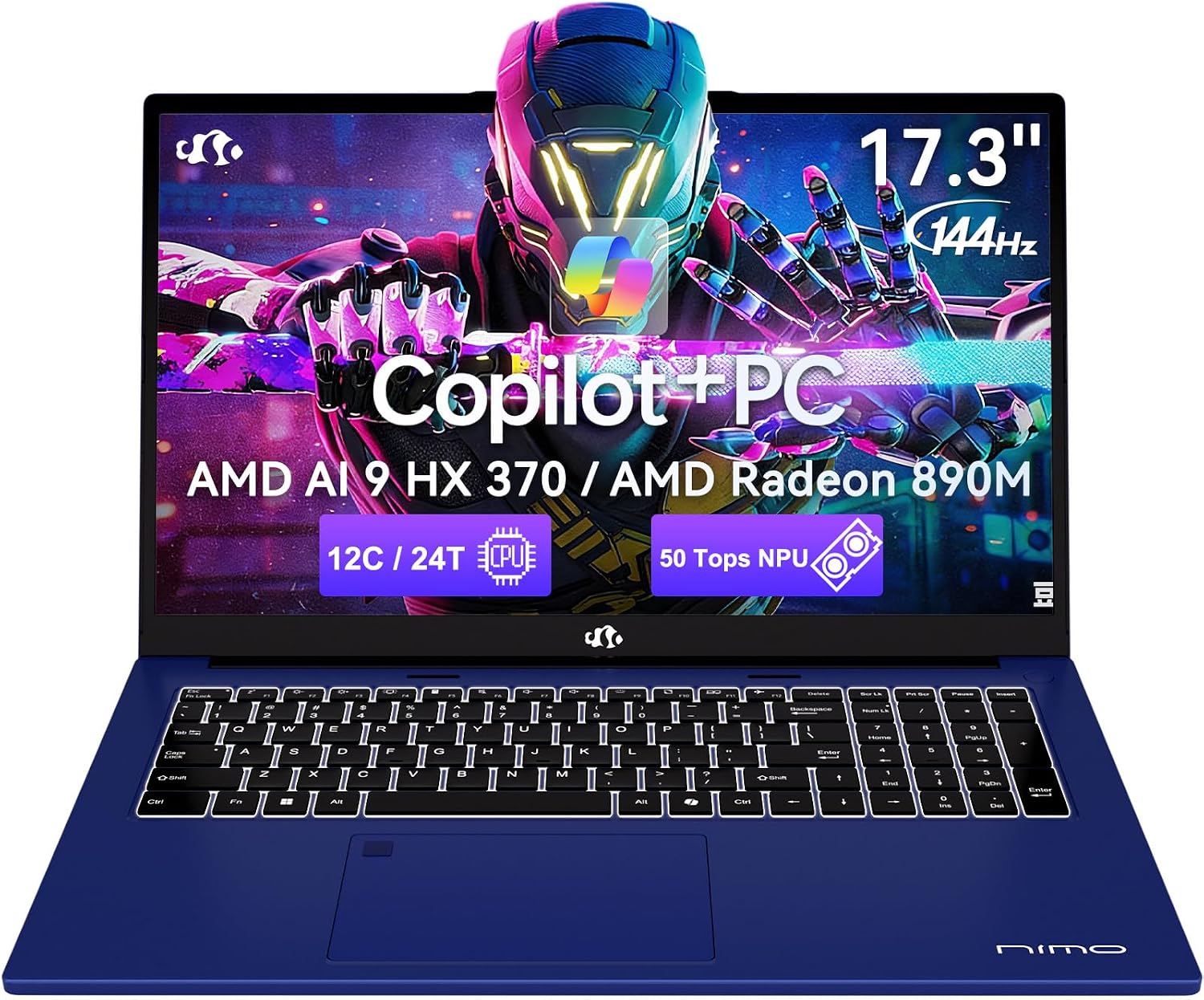 NIMO 17.3' AI Laptop, AMD Ryzen AI 9 HX 370(50 Tops NPU), Radeon 890M, 64GB DDR5 RAM 4TB SSD, 144Hz, PD 100W USB-C 4.0, Copilot+ PC AI Laptop with Wi-Fi 6E for Working Business Student