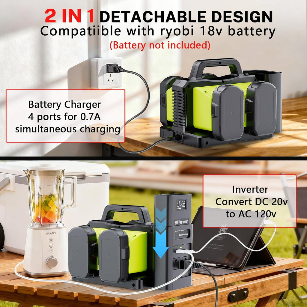 Pure Sine Wave Inverter Compatible with Ryobi 18V Battery, 2 in 1 500W 4 Ports Power Inverter Battery Charger Generator DC 20V to AC* 2 Outlets, 120V Car Charger Plug, USB&Type-C (Tool Only)
