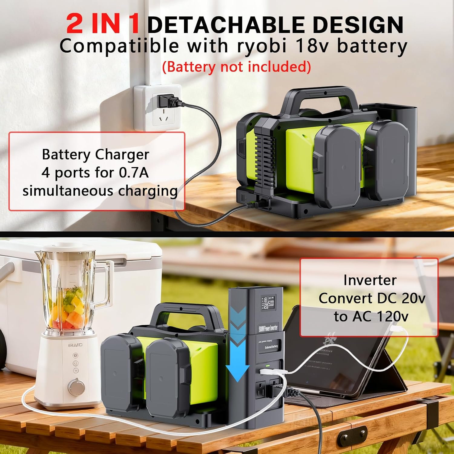 Pure Sine Wave Inverter Compatible with Ryobi 18V Battery, 2 in 1 500W 4 Ports Power Inverter Battery Charger Generator DC 20V to AC* 2 Outlets, 120V Car Charger Plug, USB&Type-C (Tool Only)