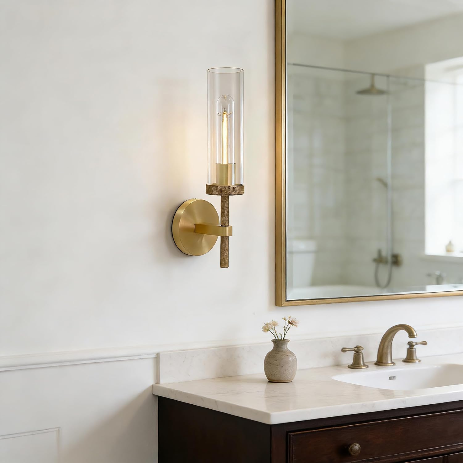 Knurled Wall Sconces Set of Two, Brass Wall Sconce Lights, 14' Gold Bathroom Wall Sconces, Glass Linear Sconce Wall Lighting, Vanity Lights Bathroom Light Fixture Wall Lights for Living Room