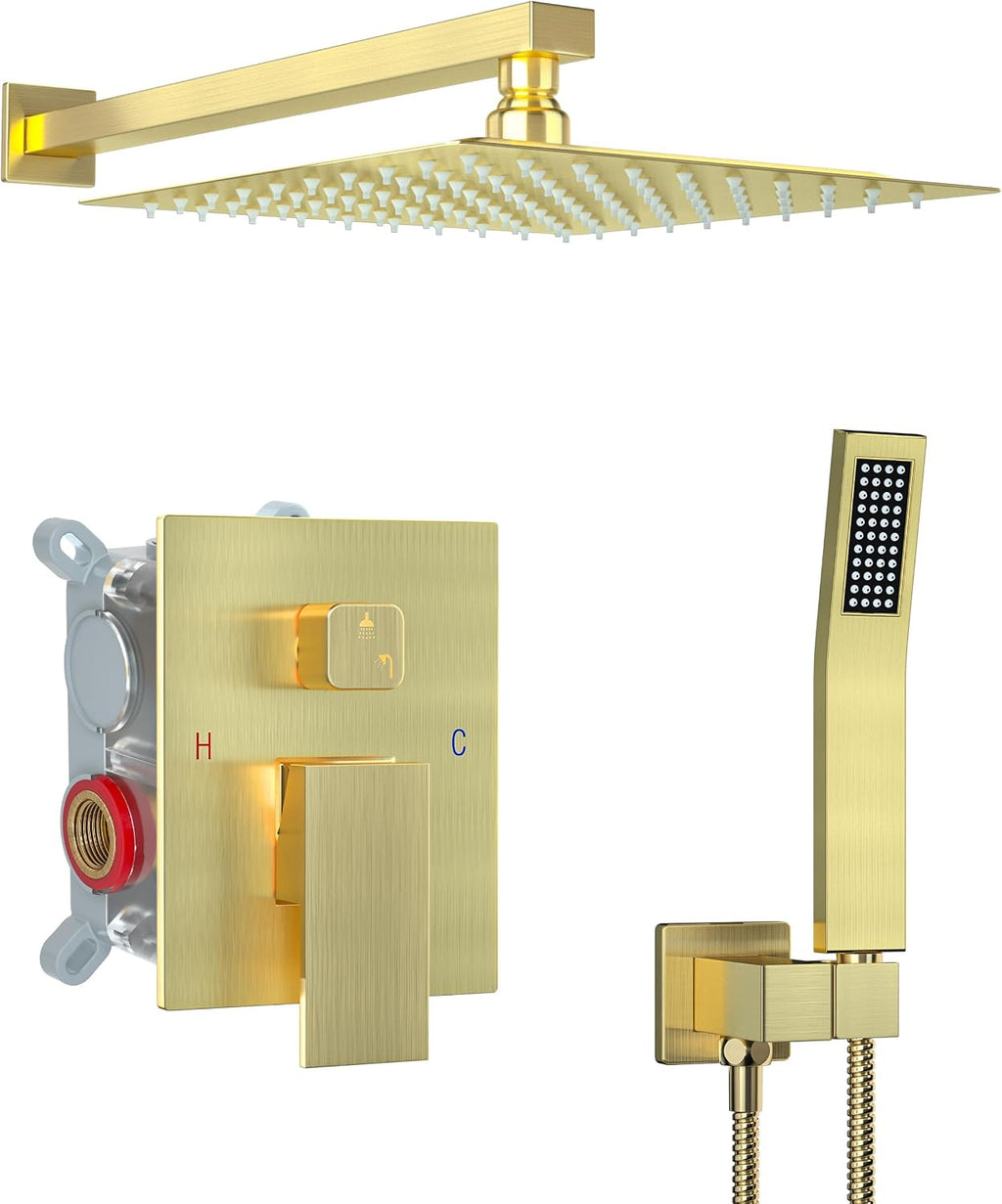 10 Inch Shower Faucet Set, Rainfall Shower System with Square Fixed Shower Head and High Pressure Handheld Shower Head, Spray Wall Mounted Rainfall Shower Fixtures, Brushed Gold