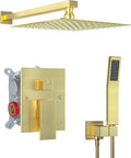 10 Inch Shower Faucet Set, Rainfall Shower System with Square Fixed Shower Head and High Pressure Handheld Shower Head, Spray Wall Mounted Rainfall Shower Fixtures, Brushed Gold