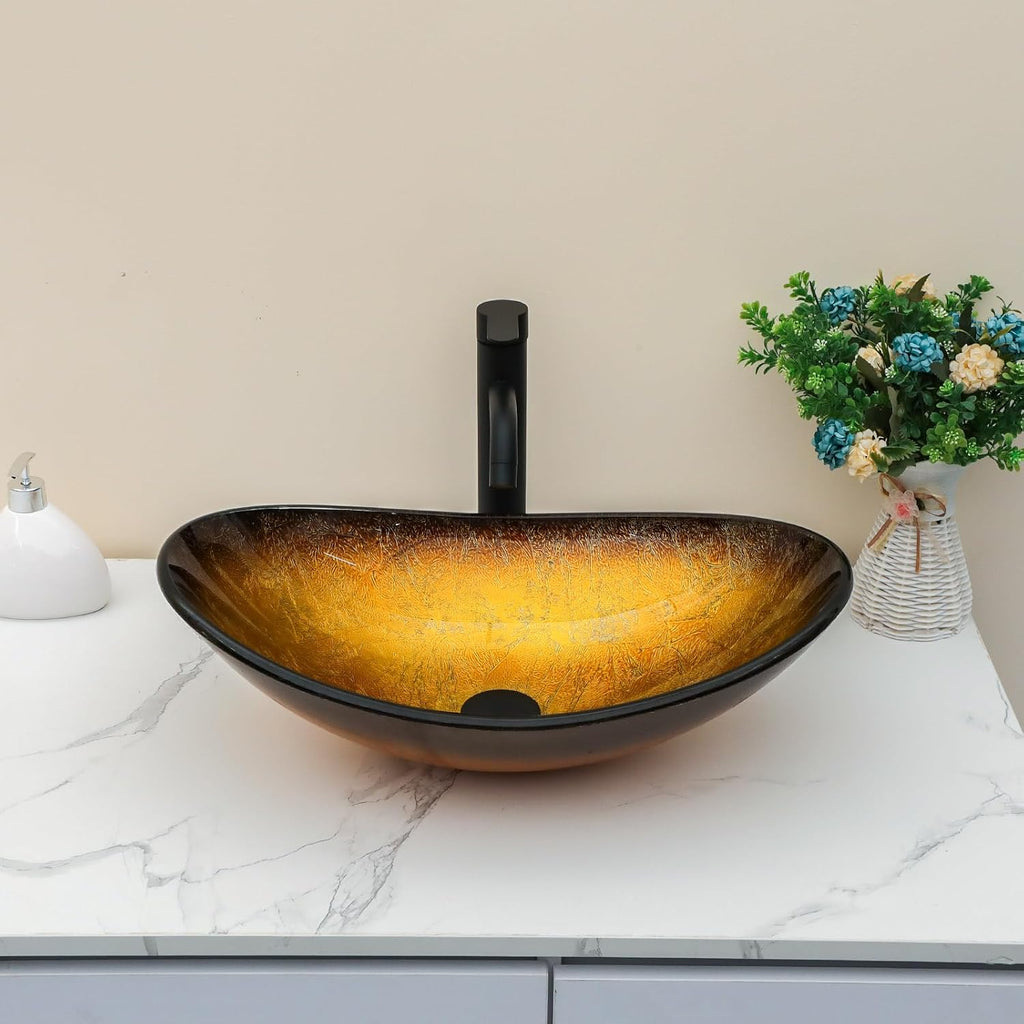 Sarlai Bathroom Vessel Sink Modern Artistic Tempered Glass Basin Countertop Bowl Sink for Lavatory Vanity Cabinet