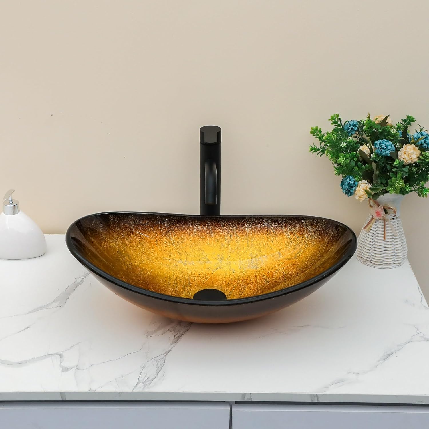 Sarlai Bathroom Vessel Sink Modern Artistic Tempered Glass Basin Countertop Bowl Sink for Lavatory Vanity Cabinet
