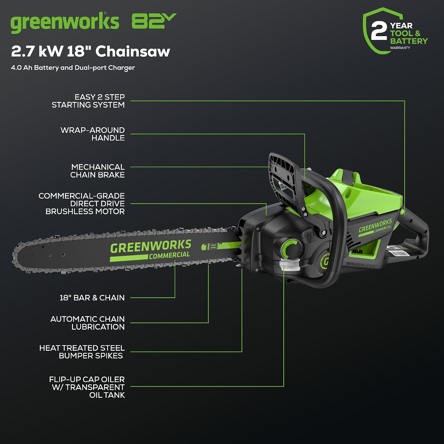 Greenworks 82V 18' Brushless (2.7 kW) Cordless Chainsaw (210 Cuts Per Charge), 4.0Ah Battery and Dual Port Rapid Charger (Great For Landscapers and Professionals)