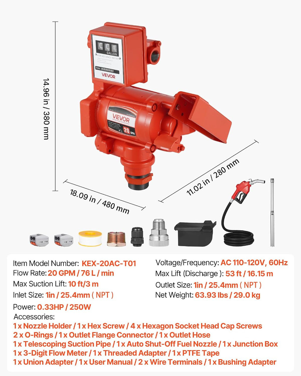 VEVOR Fuel Transfer Pump 110V, 20 GPM 76 L/min, AC Electric Oil Transfer Pump, with Meter, Auto Shut-Off Fuel Nozzle & Discharge Hose, High Flow for Gasoline, Diesel, Kerosene, Biodiesel, Ethanol