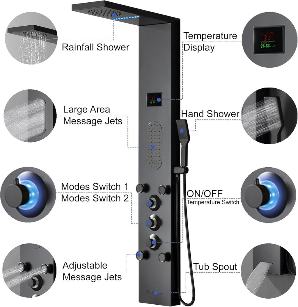 Black Shower Panel Tower System, LED Light Shower Tower with Large Area Body Jet Massage Shower Fixtures with LCD Temperature Display, Adjustable Body Jets Tub Spout Hand Shower, Black