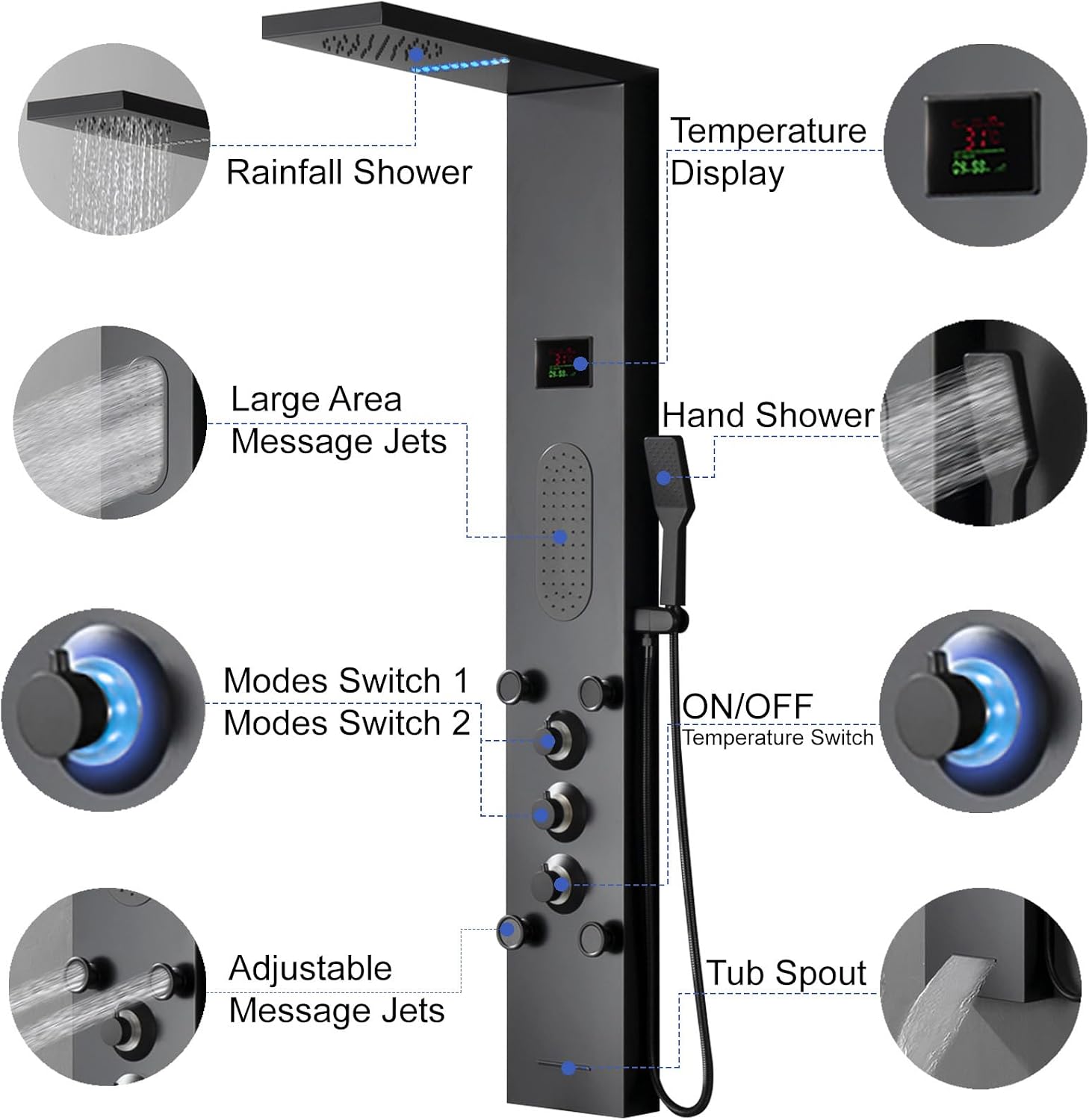 Black Shower Panel Tower System, LED Light Shower Tower with Large Area Body Jet Massage Shower Fixtures with LCD Temperature Display, Adjustable Body Jets Tub Spout Hand Shower, Black