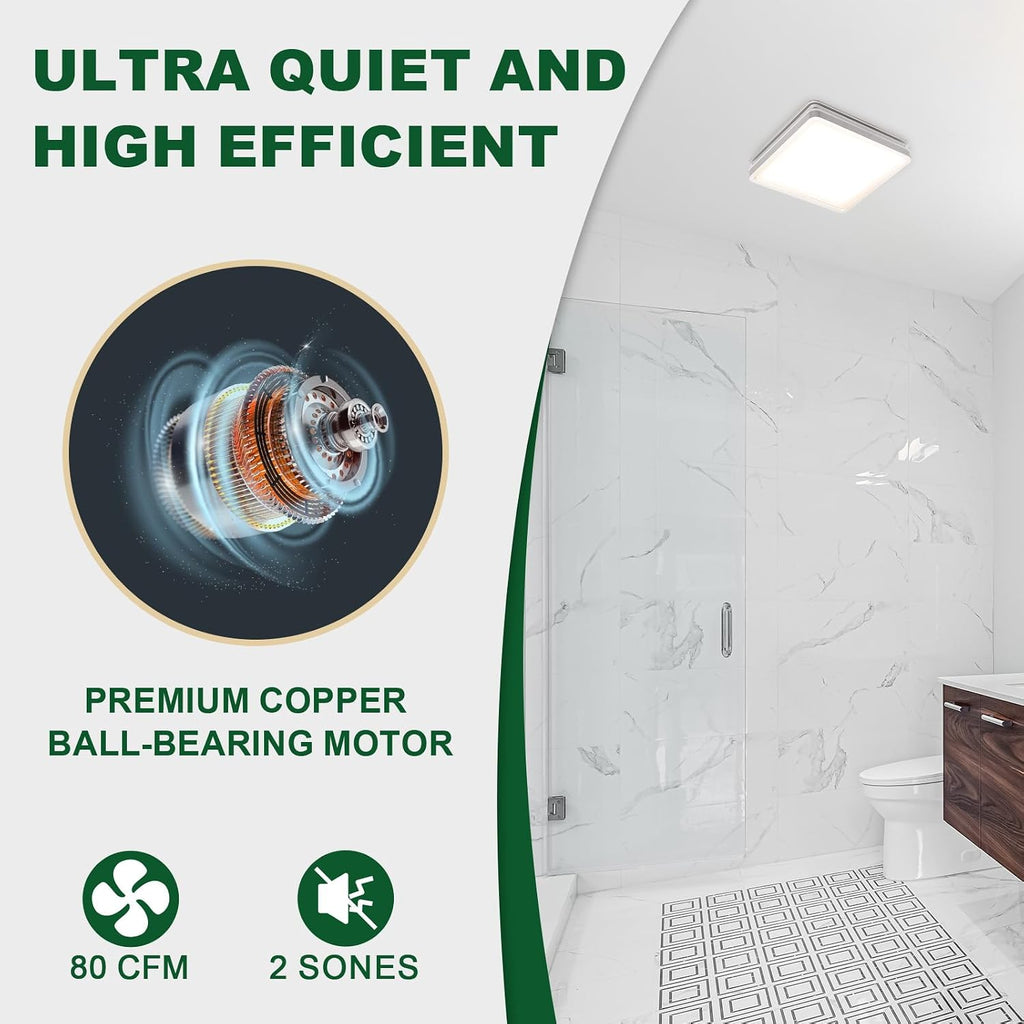 Akicon Bathroom Exhaust Fan with Light, 80CFM 2.0 Sones Powerful Bathroom Fan and Humidity Sensor Switch Combo, 3CCT LED Light and Nightlight Ventilation Fan for Home, Square, Sliver