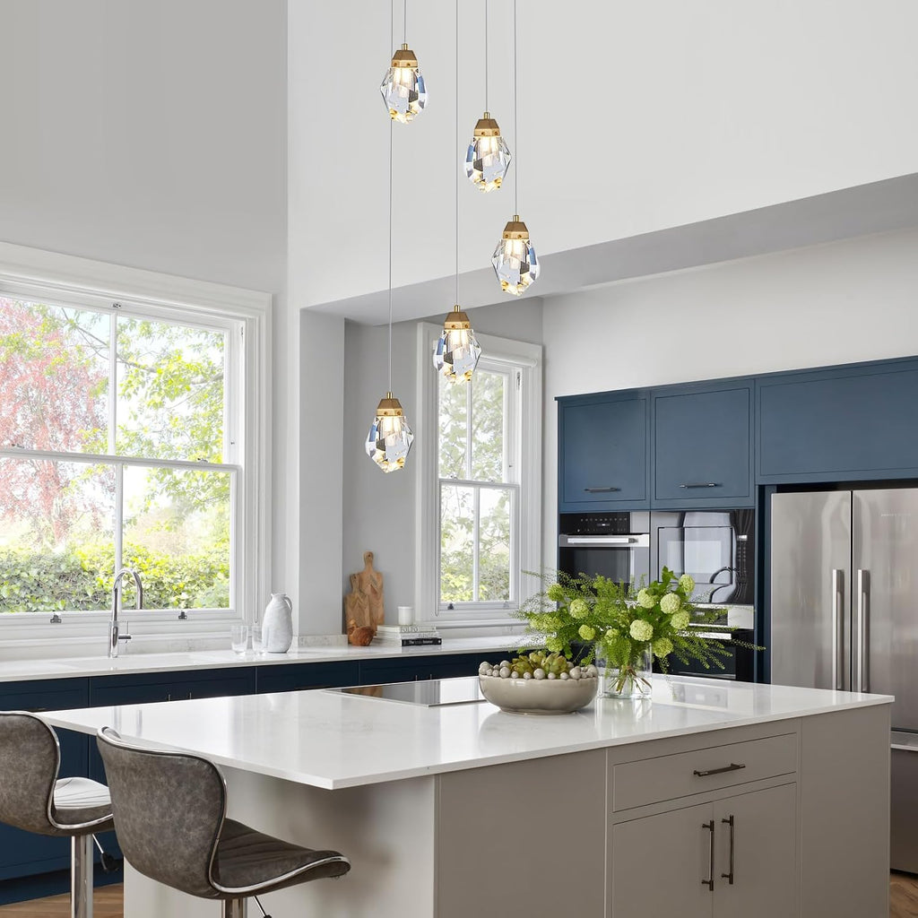 Dimmable Brass Gold Crystal Pendant Light - Modern 5-Light Diamond Chandelier for Kitchen Island, Dining Room, Hallway, and Bathroom