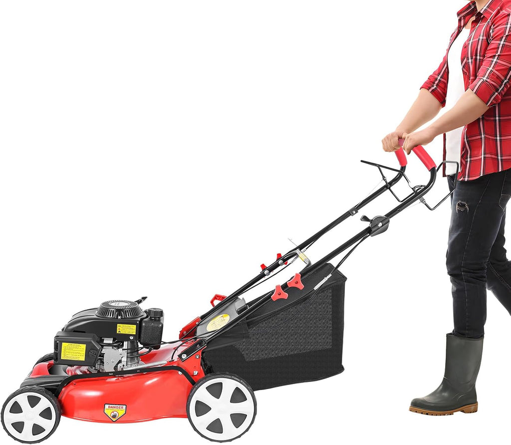 Self Propelled Gas Lawn Mower, 4-Stroke 140CC 5HP OHV Gasoline Lawn Mowers 3-in-1 Multifunctional Push Mowing Single Cylinder Mulching Lawnmower w/8 Gears Height Adjustments for Urban Gardens, Villas