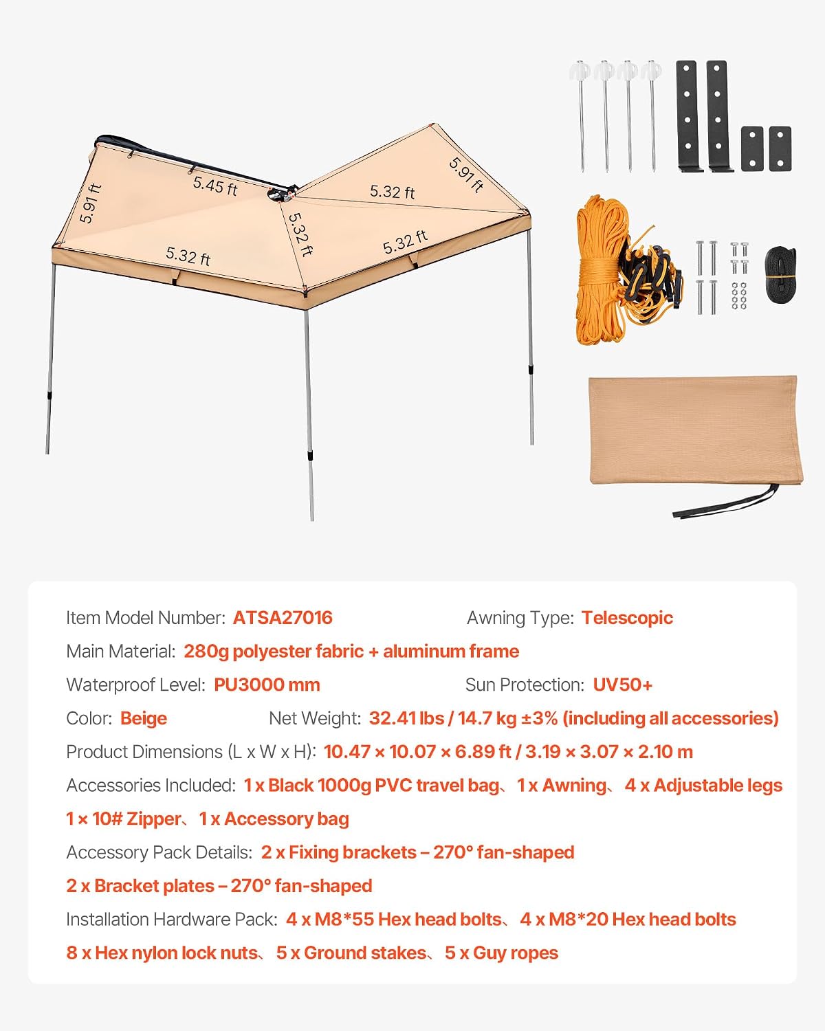 VEVOR 270 Degree Awning, 52 sq.ft Driver Side Vehicle Awning, UV50+ Waterproof Car Side Awnings with Carry Bag, All-Weather Overland Awnings Car Shelter for SUV Van Truck Camping