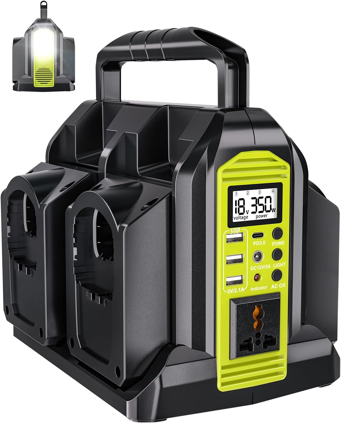 Taingwei 350W Power Inverter for Ryobi 18V Battery, 4-Ports DC 18V to AC 110-120V Battery Inverter with 3 USB-A Port, 1 USB-C Port,300lm LED Light for Outdoors Camping Emergency(Tool Only)