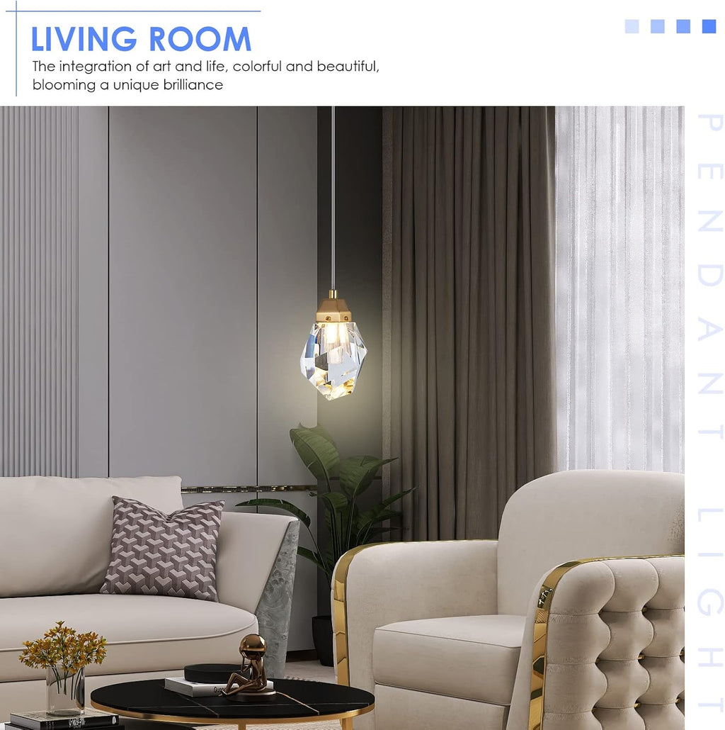 Diamond Crystal Pendant Light, 2 Pack Mini Ceiling Hanging Light in Gold Brushed Brass Finish Prism Crystal Color Changing Led Hanging Light for Kitchen Island Bathroom Bedroom Bar
