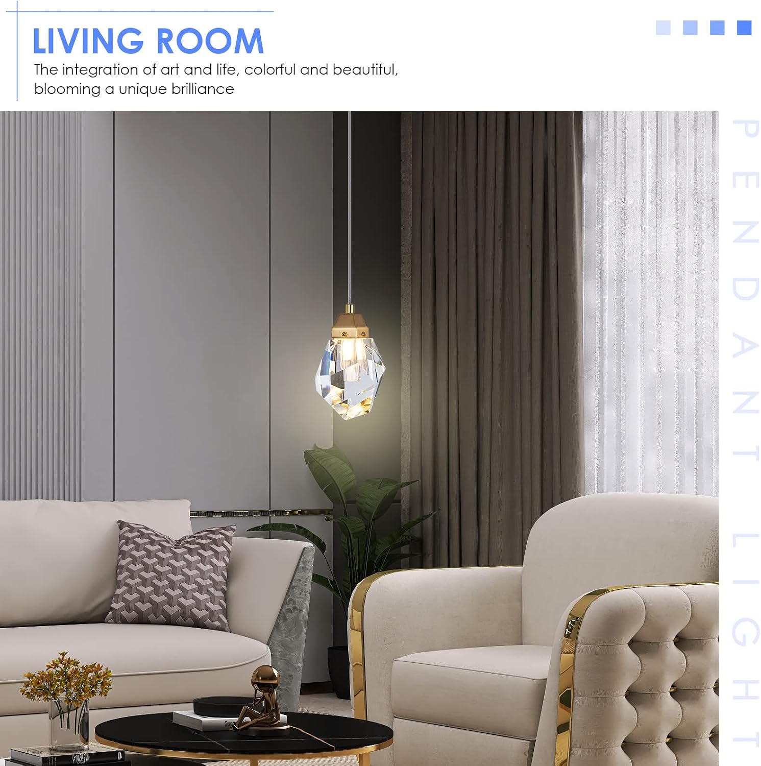 Diamond Crystal Pendant Light, 2 Pack Mini Ceiling Hanging Light in Gold Brushed Brass Finish Prism Crystal Color Changing Led Hanging Light for Kitchen Island Bathroom Bedroom Bar