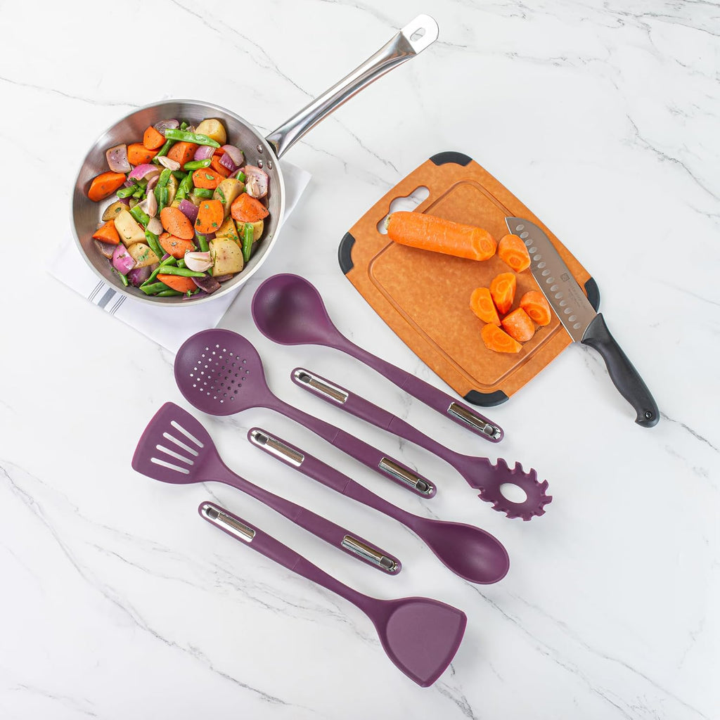 Restaurantware Silicone Utensil Set Pack of 10 Non-Slip Handle 6-Piece Kitchen Tool Set, Heat-Resistant Dishwasher-Friendly Cooking Accessories, Durable Purple Cooking Utensils