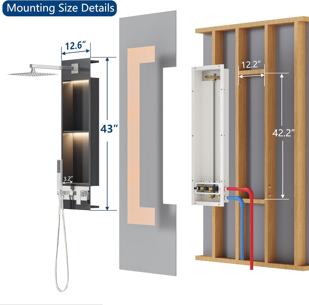 Integrated Shower Niche with Shower Head and Hand Shower, Qeke Stainless Steel Shower Tower System with Led Lights, 2-Tiers No Tile Needed Shower Niche for Bathroom in Gunmetal Black (Brushed Shower)