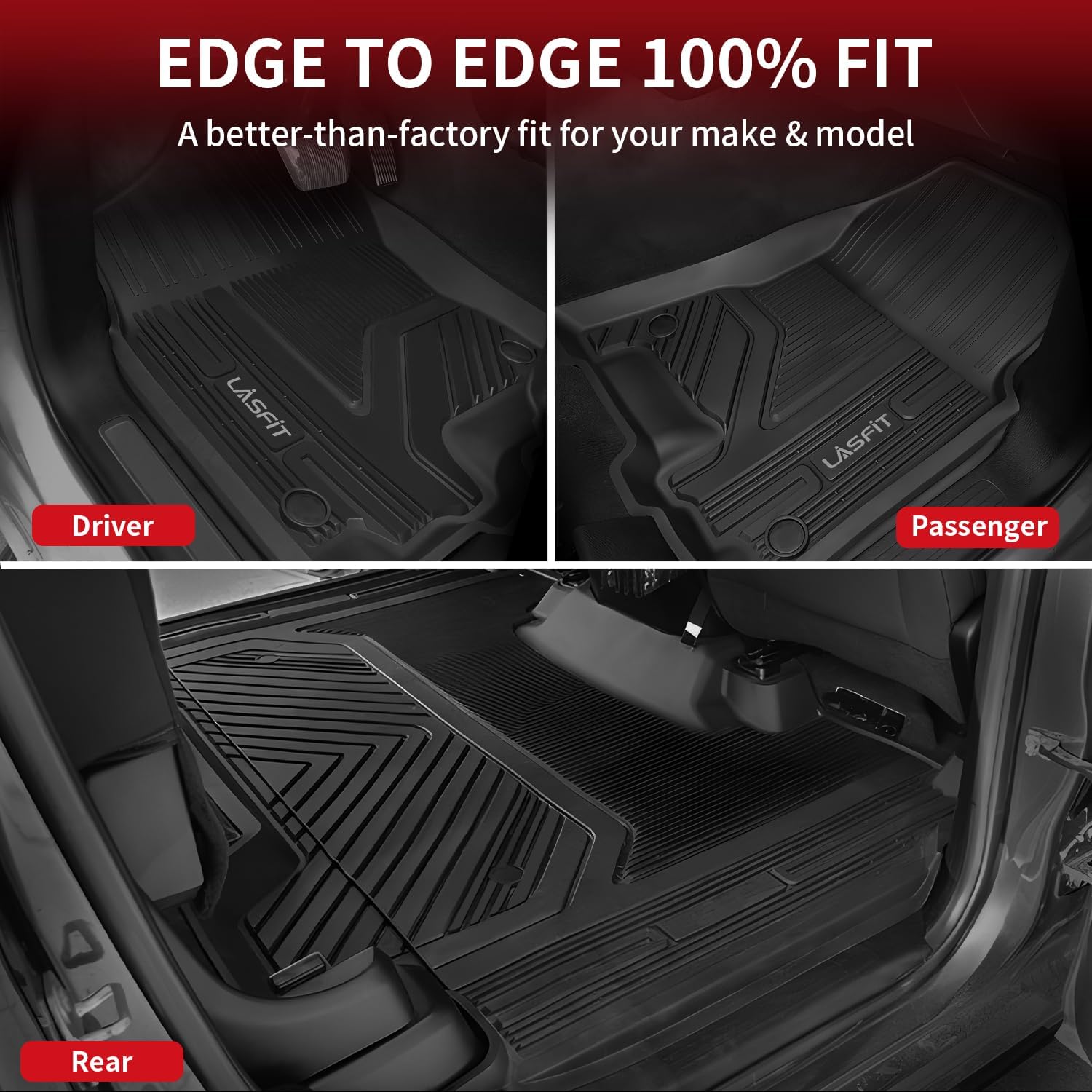 LASFIT Floor Mats for Ram 1500 Crew Cab 2019-2024 Without Rear Under-Seat Factory Storage 4 Full Size Doors Bucket Seat (NOT for Classic Model), All Weather TPE Custom Fit 1st & 2nd Row, Black