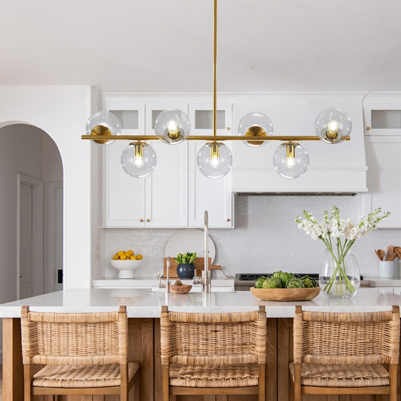 KCO Lighting 7-Light Clear Glass Globe Sputnik Chandelier Mid Century Modern Pendant Hanging Light Gold Brass for Kitchen Island Dining Living Room