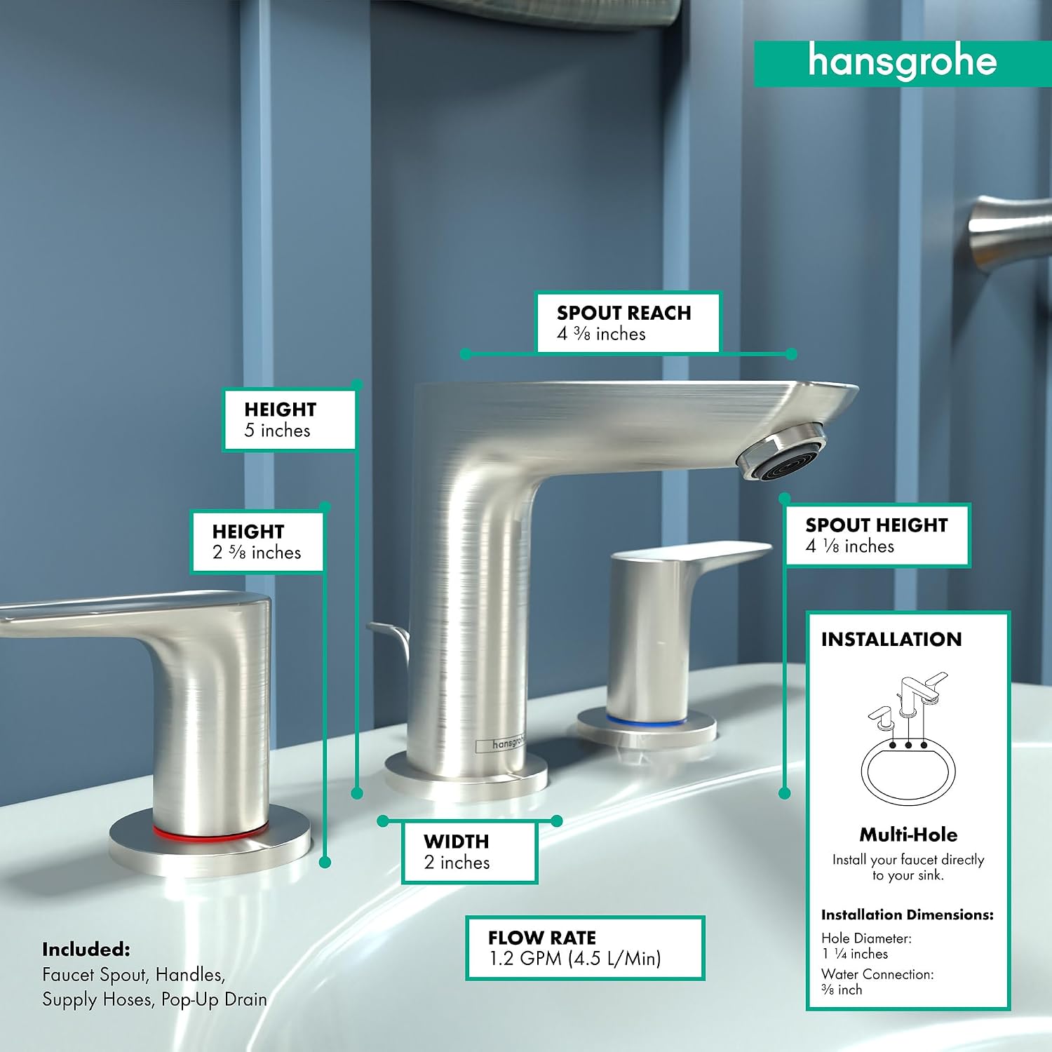 hansgrohe Talis E Modern 2-Handle 5-inch Tall Bathroom Sink Faucet in Brushed Nickel, 71733821