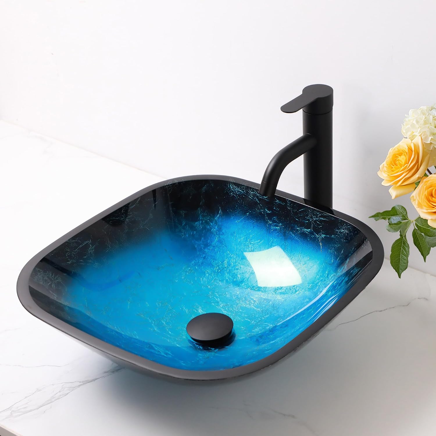 Sarlai Bathroom Vessel Sink Tempered Glass Bowl Square Vessel Sink with Faucet and Pop-up Drain Combo 16-3/4 x 16-3/4 Inch Matte Black Countertop Bathroom Sink Basin