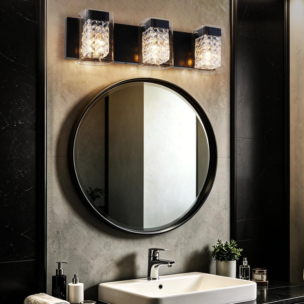 Modern Crystal Bathroom Light Fixtures, 3-Light Black Vanity Lights with Clear Shades, Bathroom Lighting Fixtures Over Mirror Wall Light for Living Room, Decoration,Bedroom（Exclude Bulb）