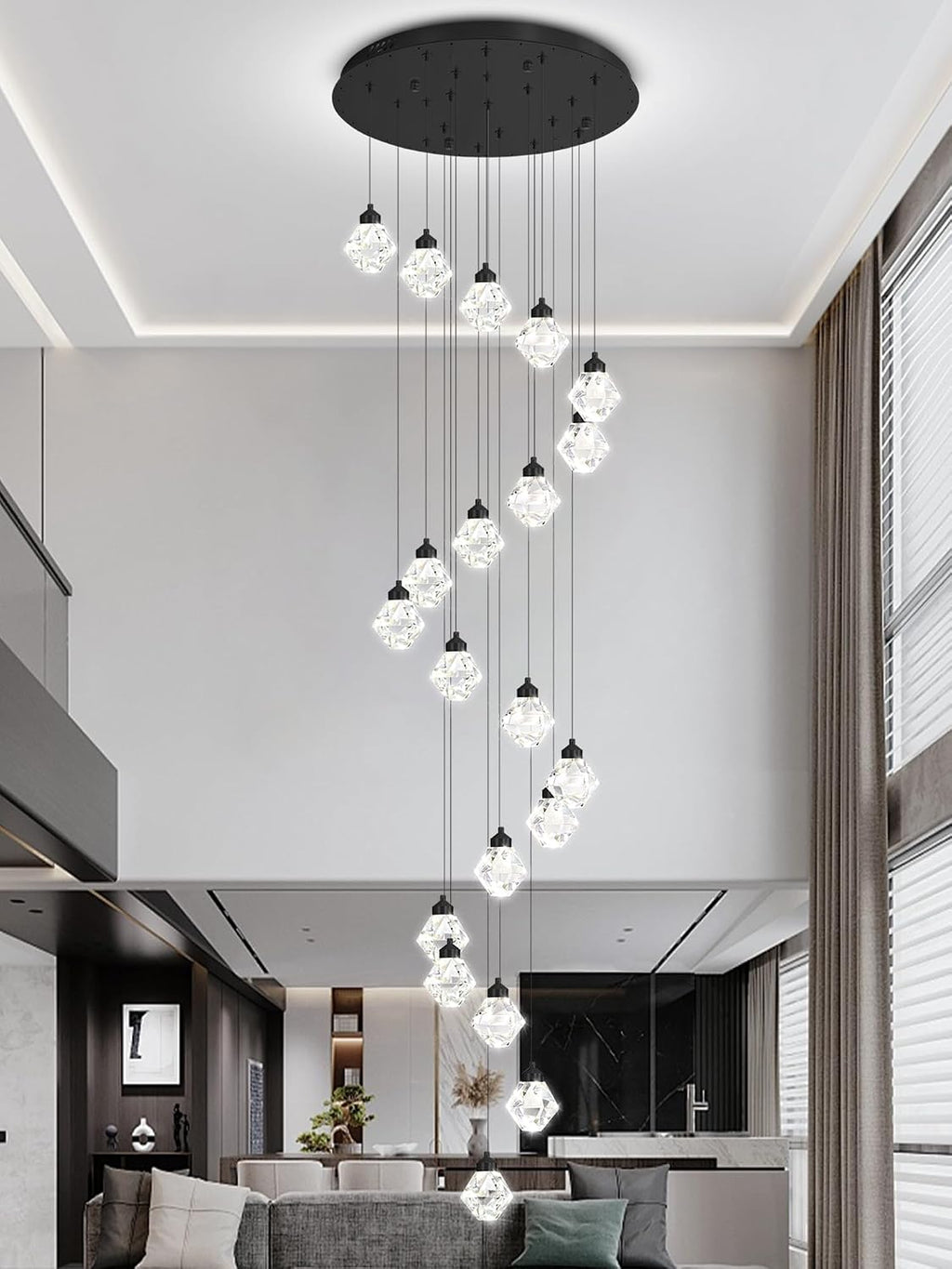 20-Light Chandelier Staircase Chandeliers for High Ceilings Crystal Chandeliers for Living Room Black Pendant Light Fixture Dimmable LED Hanging Light with Remote