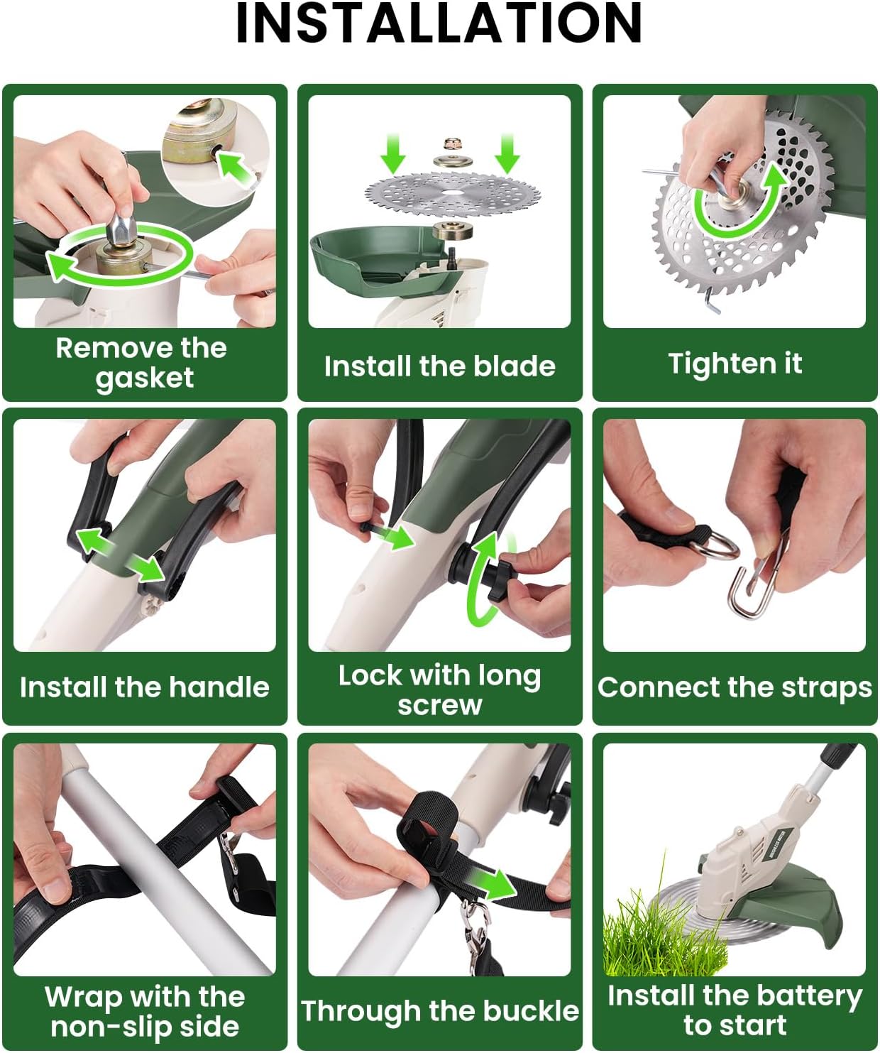 Electric Weed Wacker Cordless, Brushless Grass Trimmer with 21V 4.0Ah Batteries and Charger, 4 Types of Blades String Trimmer, Weed Eater Battery Powered with Shoulder Strap, Lawn Edger Tool