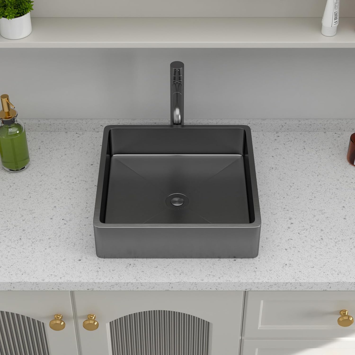 Logmey 15' Black Shallow Bathroom Vessel Sink 15x15 Square Handmade 16 Gauge Stainless Steel Above Counter 4 Inch Deep RV Bathroom Sink Sinks with Pop up Drain Set