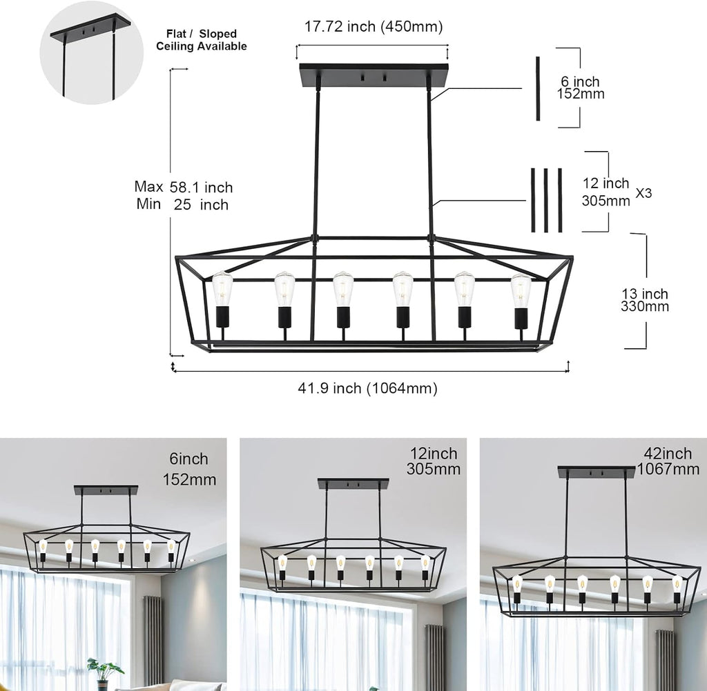 BONLICHT 6-Light Linear Farmhouse Chandelier in Matte Black Finish Industrial Kitchen Island Pendant Lighting Ceiling Hanging Lamp for Dining Room Stairway Living Room