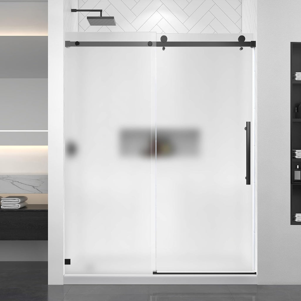 Frosted Black Sliding Shower Door 55-60' W x 72' H, Single Sliding Door, Frameless, 1/4'(6mm) Tempered Glass, Reversible Installation