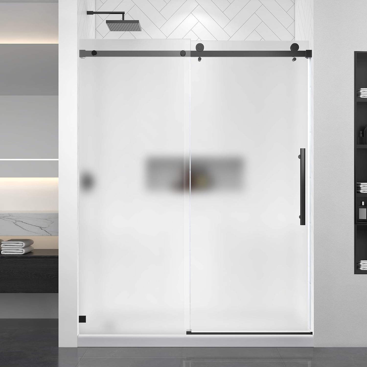 Frosted Black Sliding Shower Door 55-60' W x 72' H, Single Sliding Door, Frameless, 1/4'(6mm) Tempered Glass, Reversible Installation