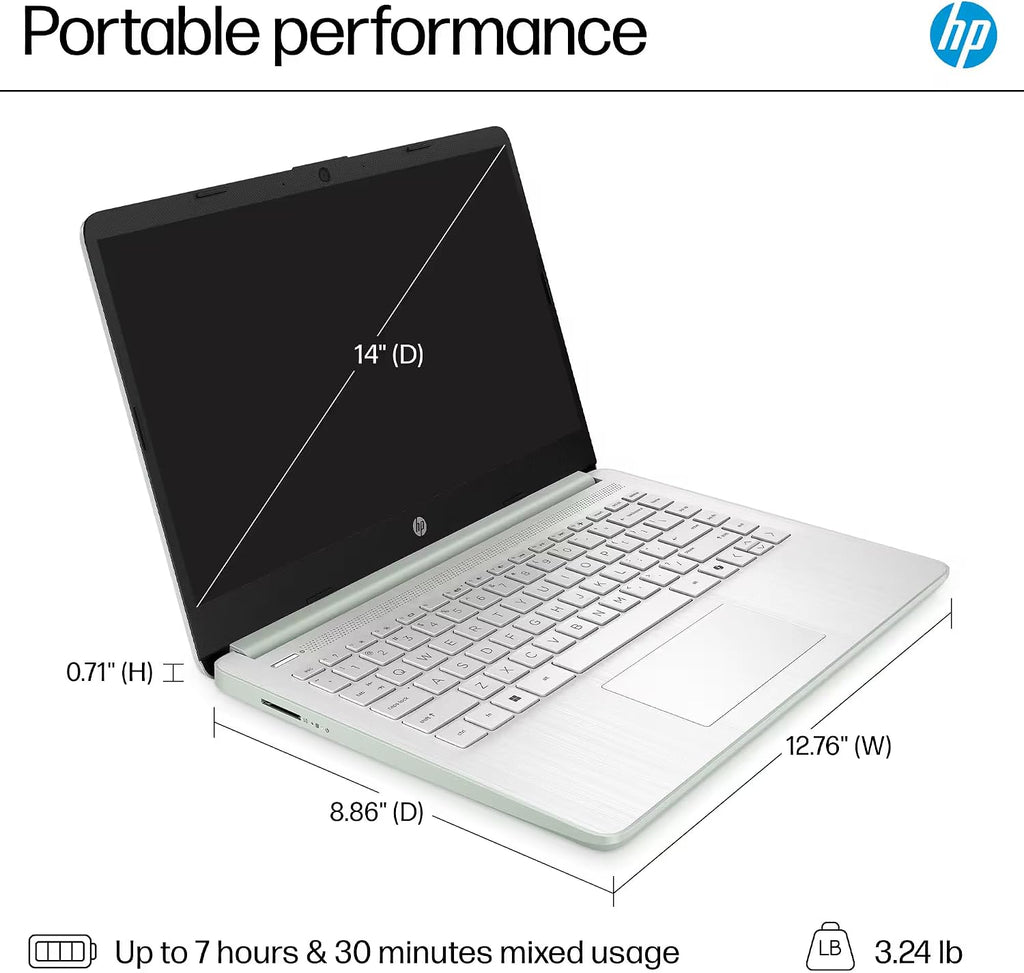 HP 14 Laptop Computer 2025 Ultra Light, AI Copilot Student Business, Quad-Core Intel, 16GB RAM, 628GB Storage (128GB UFS+ 500GB Ext), 1 Yr Office 365, 12 Hr Battery MarxsolAccessory Win 11S, Green