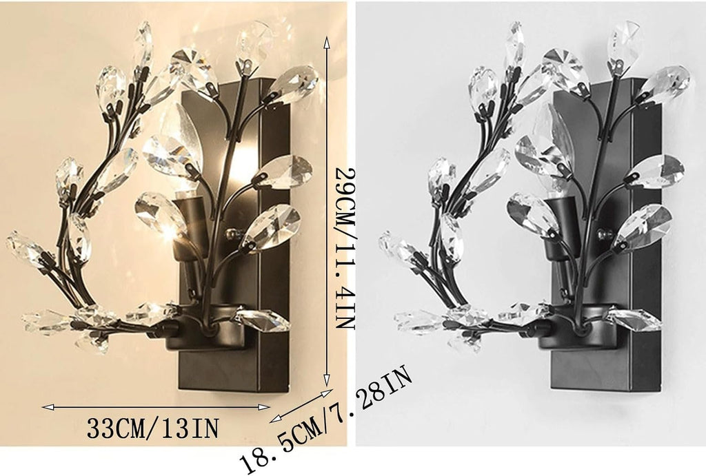 Wall Sconces Creative Retro Crystal Wall Sconces Wrought Iron Crystal Branches Wall Light Wall Mounted Lighting Fixture for Dining Room Bathroom Bedroom Living Room Entryway(Black)